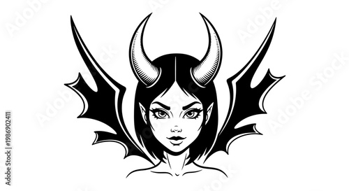 Illustration of a woman with devil horns and bat wings.