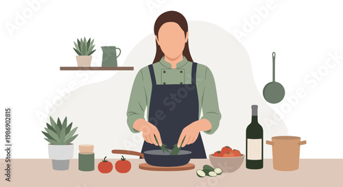 Faceless Woman Chef Cooking Healthy Food in Modern Kitchen Flat Vector Illustration