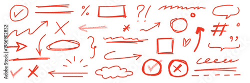 A set of red hand drawn symbols and signs on a white background including arrows, checkmarks, and other editing marks in a sketchy style vector.