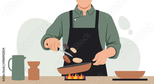 Faceless male chef cooking in the kitchen, tossing ingredients in a frying pan over a gas stove, flat vector illustration of home cooking and culinary hobby.