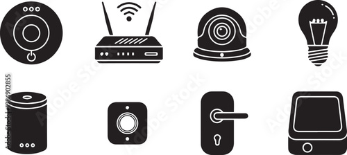 A collection of smart home devices and security icons in black and white