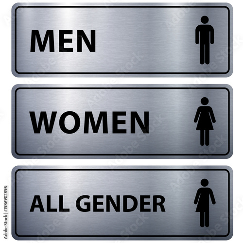 Standard Men Women and All Gender Restroom Sign - Silver 1 Set (3 pcs)