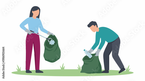 People volunteers cleaning park, collecting trash and plastic waste