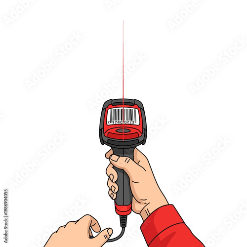 Hand scanning barcode with red laser scanner, retail technology, e-commerce, consumerism