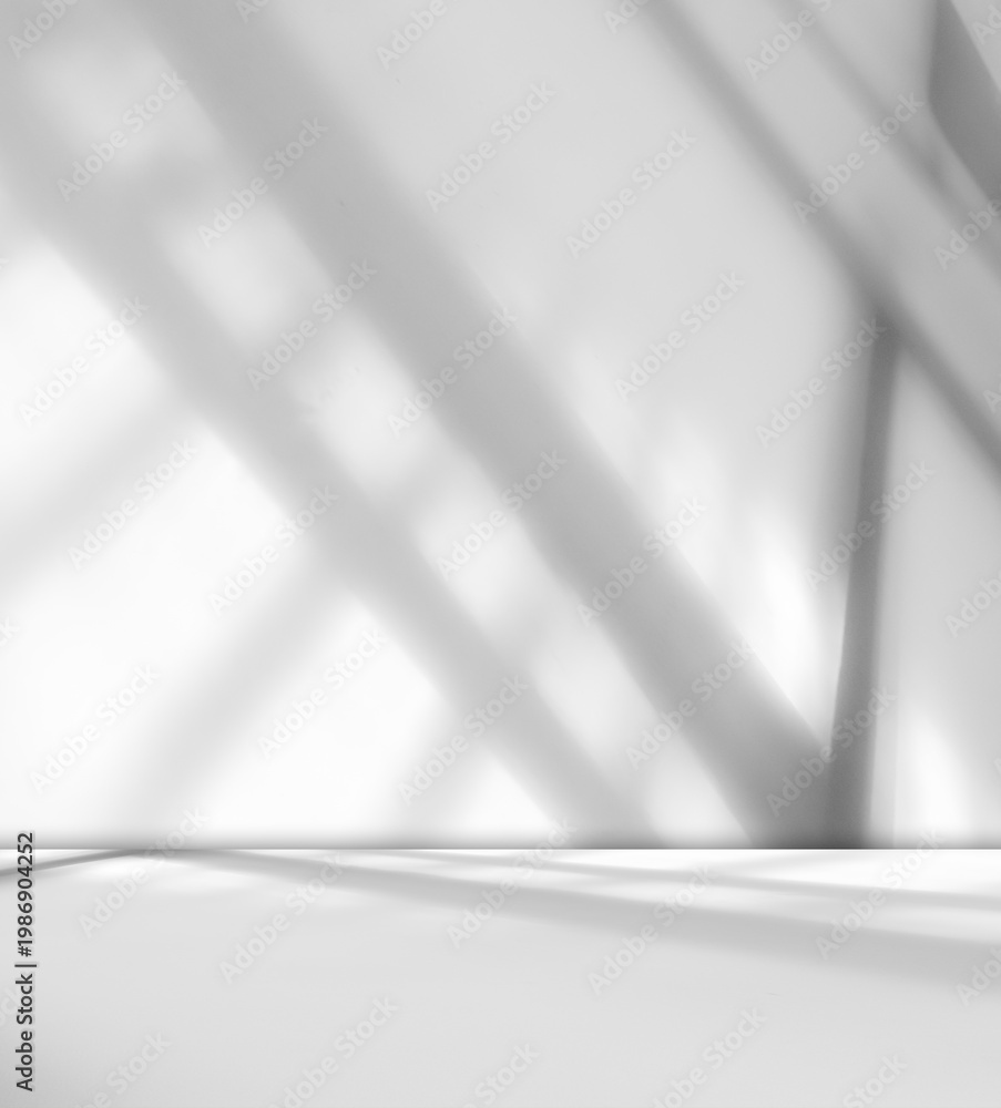 Fototapeta premium Grey wall shadow background kitchen floor white abstract studio concrete table white texture light texture mockup product marble room display plant cement minimal shelft bar leaves backdrop