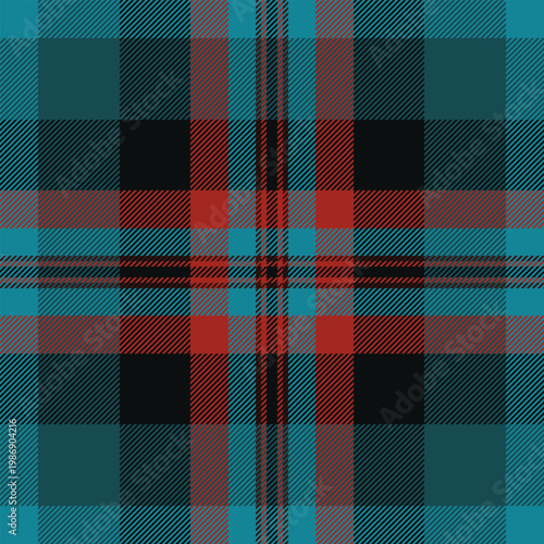 Seventies seamless pattern vector, luxurious fabric texture check. Blank background tartan plaid textile in cyan and black colors.