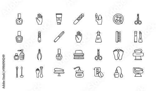 Manicure pedicure line icon set with nail polish tools and salon care accessories editable stroke vector