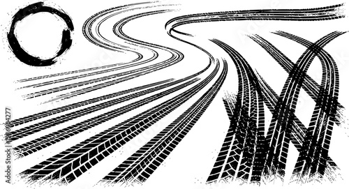 Tire tread marks after skidding, launch, drift, powerslide in motorsport, rally, off-road, motocross. Wheel texture with splash effect. Vector, transparent background EPS version.