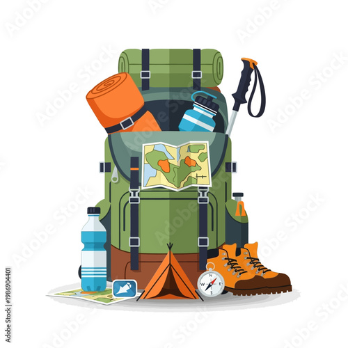 Hiking Gear Backpack, Tent, Boots, Map, Compass, Trekking Poles, Water Bottles