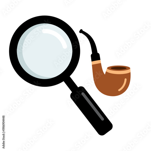 Magnifying Glass Over Smoking Pipe Icon - Detective Investigation Symbol