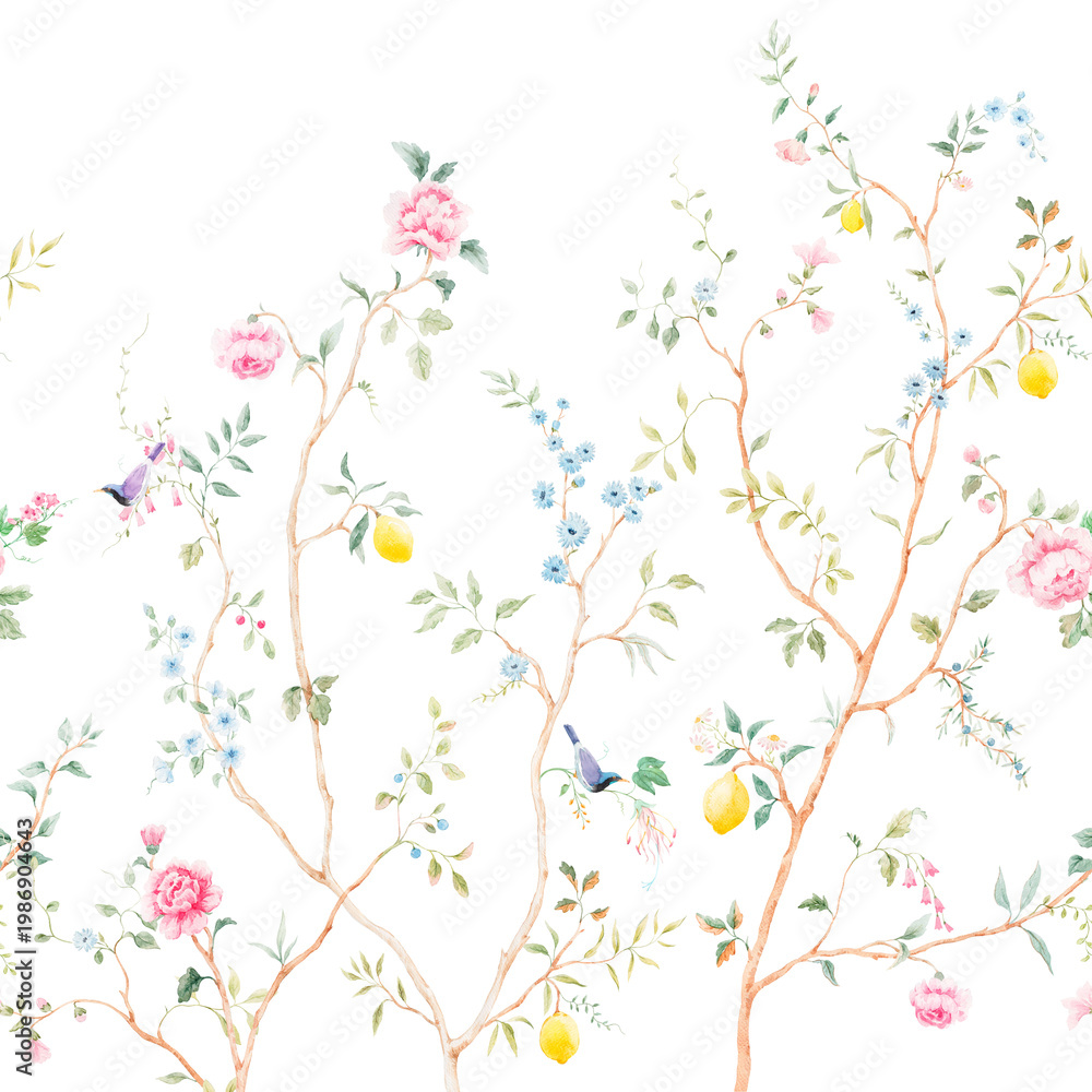 Naklejka premium Chinoiserie Seamless Pattern Floral Branches Birds Lemons Vintage Botanical Wallpaper Design