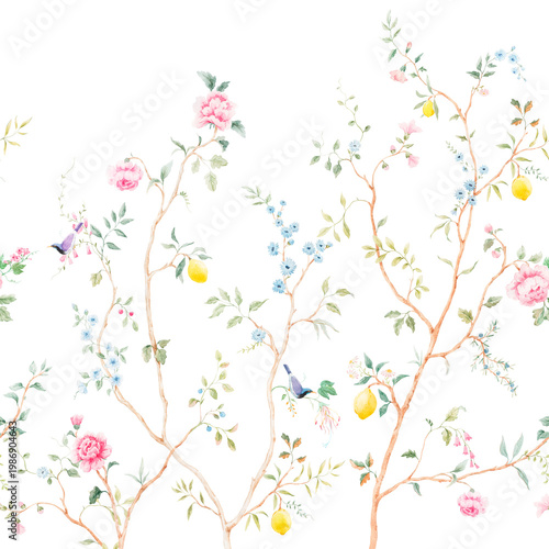 Chinoiserie Seamless Pattern Floral Branches Birds Lemons Vintage Botanical Wallpaper Design