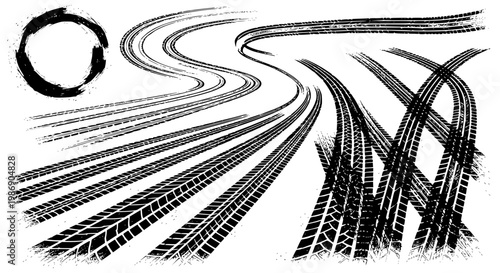 Tire tread marks after skidding, launch, drift, powerslide in motorsport, rally, off-road, motocross. Wheel texture with splash effect. Vector, transparent background SVG version.