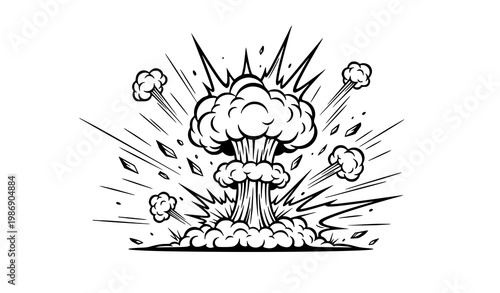 Comic style explosion mushroom cloud vector with dynamic burst lines and debris isolated on white background