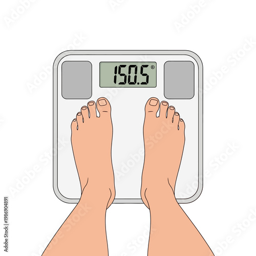 Person standing on digital scale showing 150.5 weight, weight loss concept