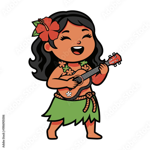 Cute cartoon hula girl playing ukulele with flower in hair.