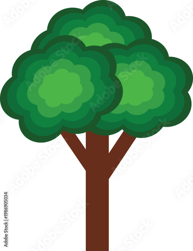 A cartoon tree with green leaves. Illustration of a lush green tree with strong branches, thick canopy, vibrant foliage.
