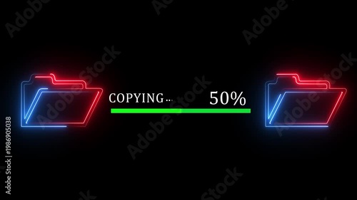 File transfer from computer folder to folder neon line animation Isolated on black background. copying file transfer with loading animation 4k video
