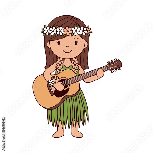 Cute Cartoon Girl Playing Guitar in Hawaiian Attire.