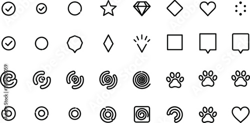  Icon Set with Check, Circle, Star, Diamond, Heart, Spiral, and Paw Symbols for UI and App Designs