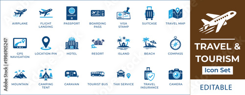 Travel and tourism icon set featuring airplane flight, passport, hotel booking, beach resort, mountain camping, transportation, navigation map, and vacation planning symbols.