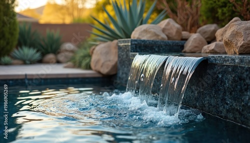 Water cascades over dark stone edge into pool. Drought tolerant plants surround rock formations. Backyard oasis provides serene relaxation and outdoor living.