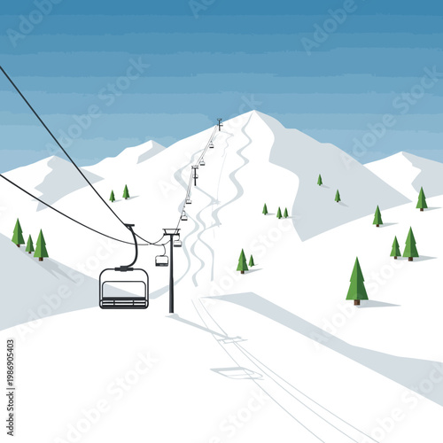 Ski lift ascending snowy mountain slope with pine trees and clear sky
