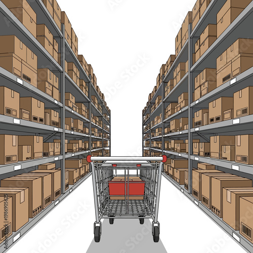 Shopping Cart in Warehouse Aisles with Shelves Full of Cardboard Boxes