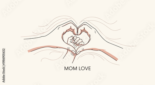 Minimalist continuous line art of mother hands forming heart shape around baby hand, mom love concept vector illustration, elegant maternal bond drawing for Mother's Day greeting cards isolated