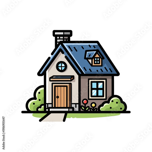 Charming Cartoon House with Blue Roof and Green Bushes Isolated on White