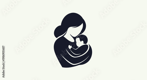 Minimalist mother and baby logo vector, elegant silhouette of mom holding newborn child, black and white motherhood illustration for parenting blogs