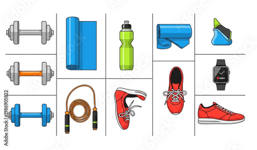 Colorful fitness equipment vector set with gym accessories in modern flat grid isolated on white