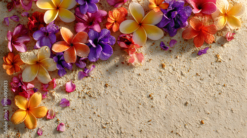 Tropical plumeria flowers on sandy beach background