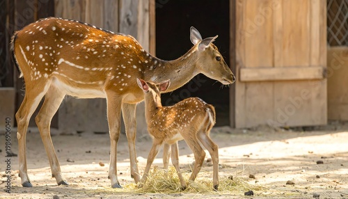 A mother deer and her fawn stand together outdoors