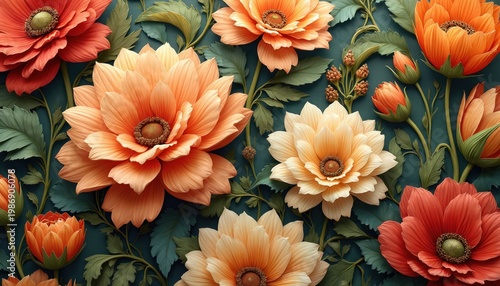 Close-up view of large blooming flowers in shades of orange, red against dark teal foliage. Floral pattern with intricate petals, delicate green leaves. Vibrant petals fill frame, artful botanical