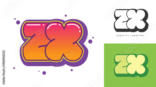ZX logo design for festival or party. Initial letter z and x in graffiti style. Creative modern lettering company name of font typography. Kids trendy logotype or identity.