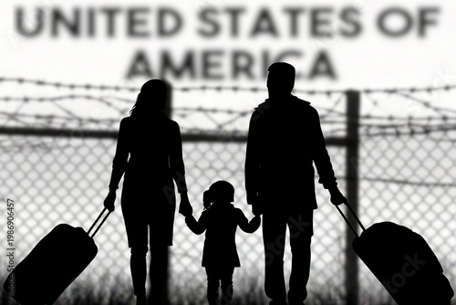A family is standing in front of the fence at the American border and wants to immigrate to USA