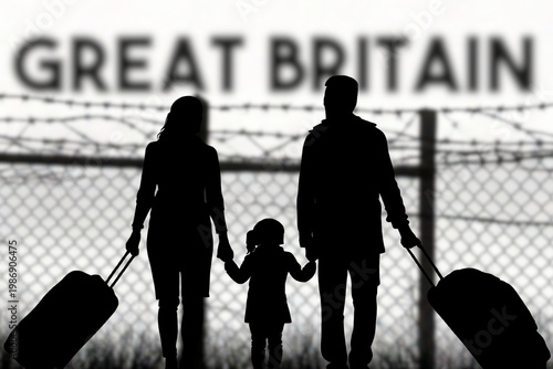 Billede på lærred A family is standing in front of the fence at the British border and wants to im