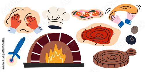 Pizza stickers in cartoon doodle style. Ingredients and stone oven. Hands kneading dough, tomato sauce, pepperoni, cheese and kitchen tools in modern flat style