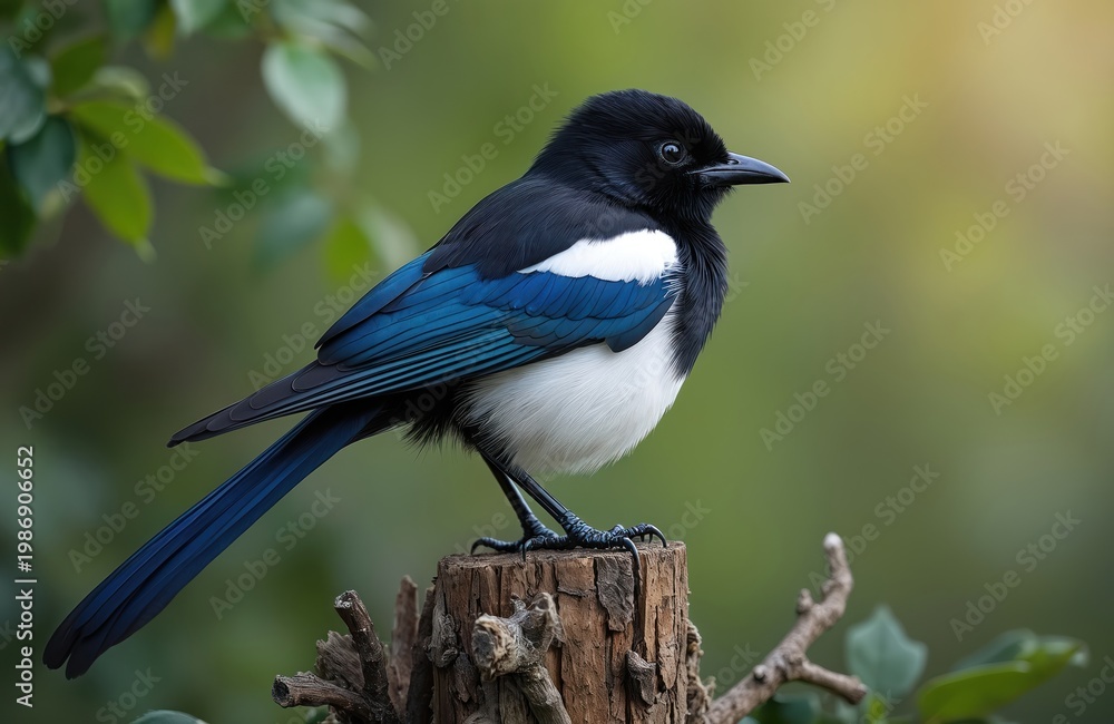 Obraz premium Black and white bird with blue wing feathers sits on wooden stump. It has long tail. Nature scene with green blurred background. Bird watching photography.
