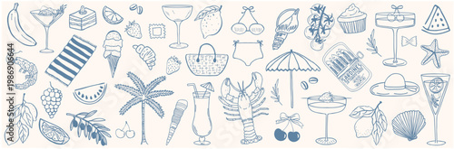 Cuadro en lienzo Mediterranean summer vacation illustration set in sketch style