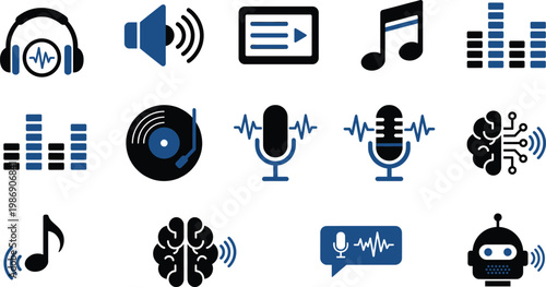Audio music sound icons set with microphone speaker waveform equalizer AI voice recording technology vector illustration modern multimedia design collection
