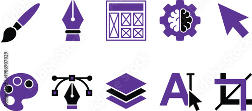 Graphic design UI icons, creative tools, pen tool, layout grid, color palette, typography, vector illustration, flat design, modern interface elements