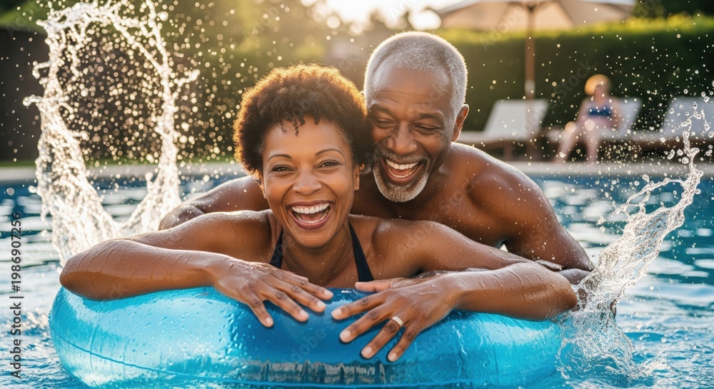 Fototapeta premium Joyful couple splashing in pool on float. A candid shot of carefree fun and intimacy. Summer relaxation, mature love, healthy lifestyle.