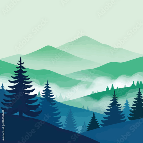 Misty Mountain Forest Landscape with Pine Trees Vector Illustration