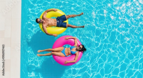 Couple relax on inflatable rings in a clear swimming pool. A vibrant aerial view full of enjoyment. Summertime fun, leisure lifestyle, poolside relaxation.