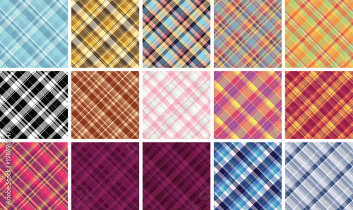 Plaid pack for layered party setups. Multiple tartan patterns create variety for birthday decorations and printable kits. Vector scalability supports large formats.