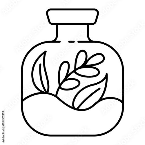 icon of terrarium and leaves in line style designed for indoor garden apps eco branding and modern decor content