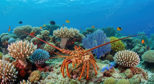 Spiny lobster walking on coral reef with tropical fish swimming around. A captivating underwater shot of vibrant marine life. Marine ecosystem, ocean biodiversity, underwater paradise.