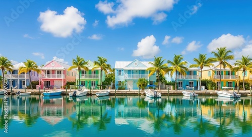 Colorful waterfront homes with boats docked along the canal under a clear blue sky. A serene, vibrant view evokes tranquility and leisure. . Tropical paradise, island living, vacation destination.